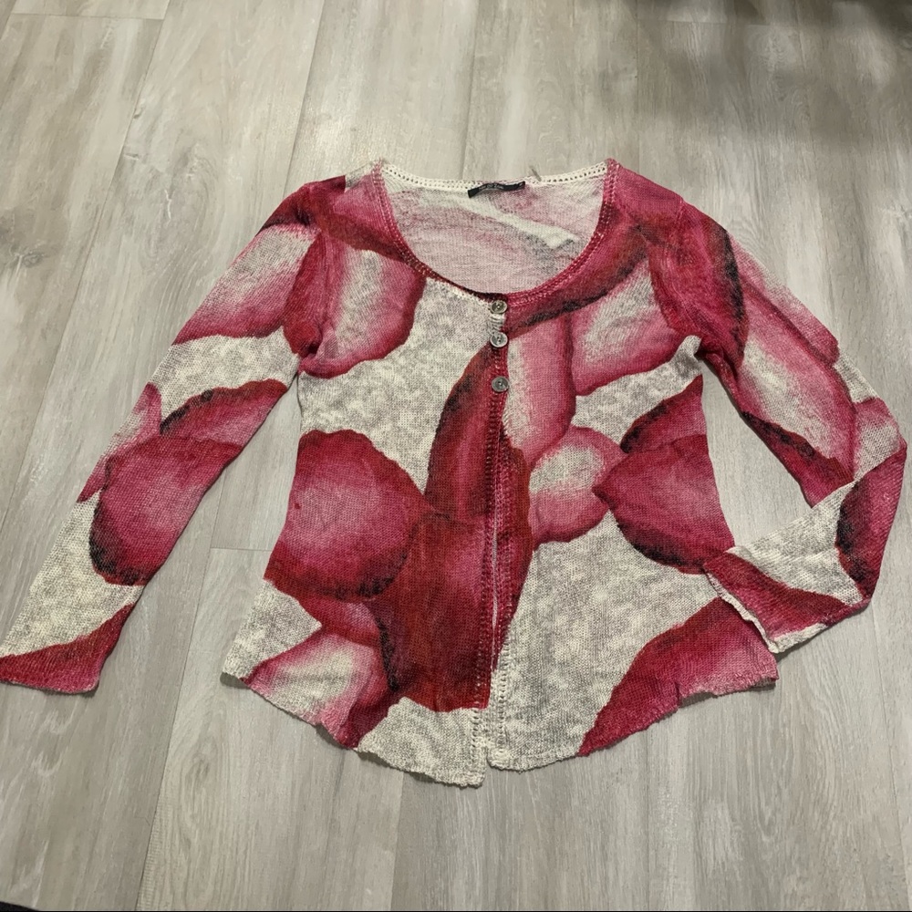 Nic+Zoe Pink White Linen Blend Cardigan Sz M